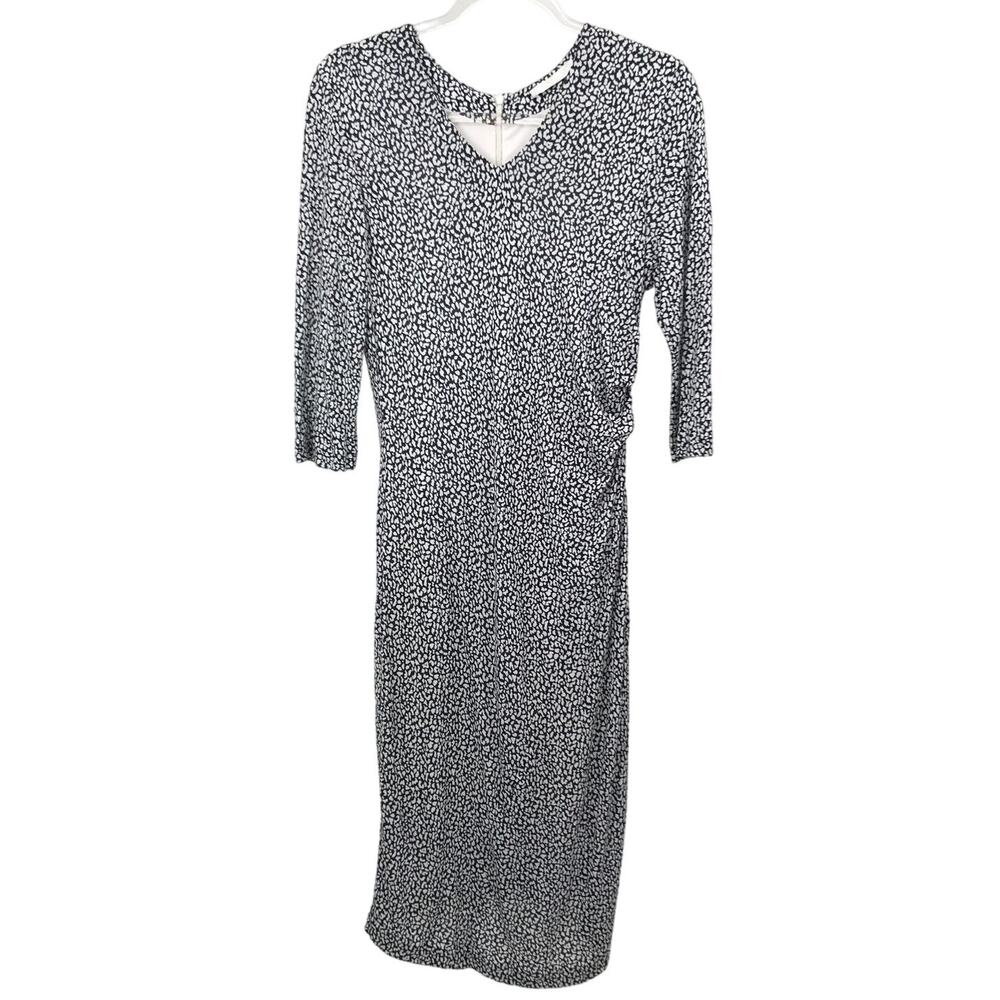BOSS Hugo Boss White Black Knit 3/4 Sleeve Ruched Midi Dress Womens M
